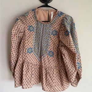 Anthropologie Embroidered Puff Sleeve Peplum Blouse Dusty Rose Blue Boho Medium
